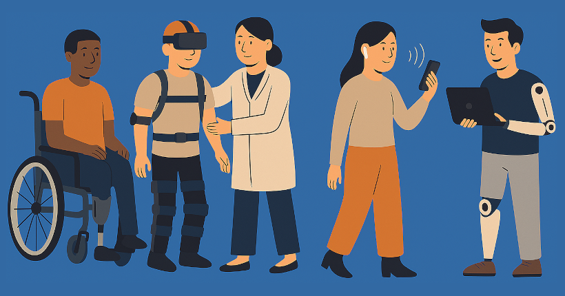 Cuatro personas con distintas discapacidades usando productos tecnológicos que les facilitan la movilidad y la comunicación.