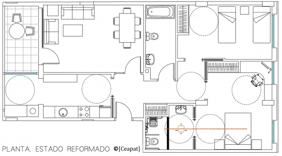 Plano de vivienda accesible, adaptada a las necesidades de un usuario de silla de ruedas.