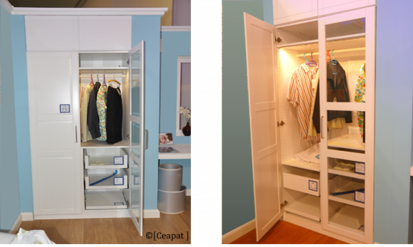 Armario con puertas abatibles cristaleras, luz interior y pictogramas indicativos del contenido de los cajones.