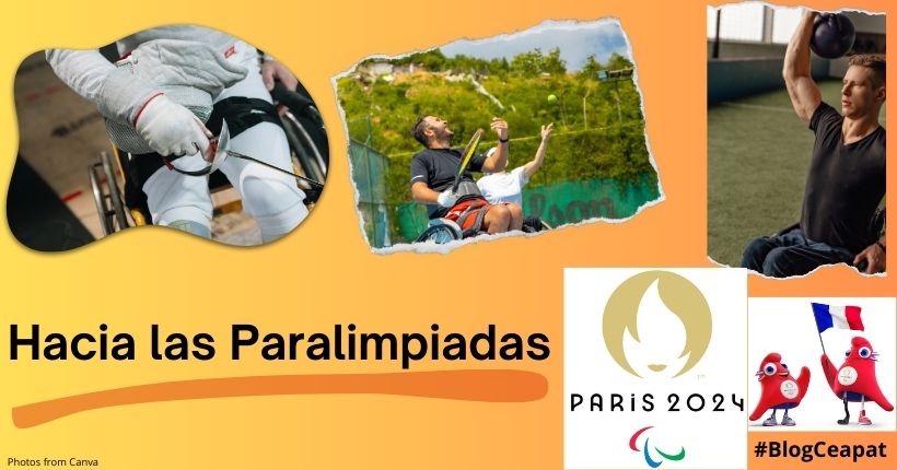 Tres fotos de deportistas con discapacidad en silla de ruedas, logo de las paralimpiadas y mascotas.