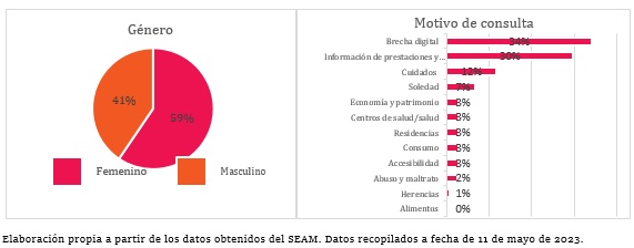 Gráficos de género y motivo de consulta. Elaboración propia a partir de los datos obtenidos del SEAM. Datos recopilados a fecha de 11 de mayo de 2023 Gráficos de género y motivo de consulta. Elaboración propia a partir de los datos obtenidos del SEAM. Datos recopilados a fecha de 11 de mayo de 2023