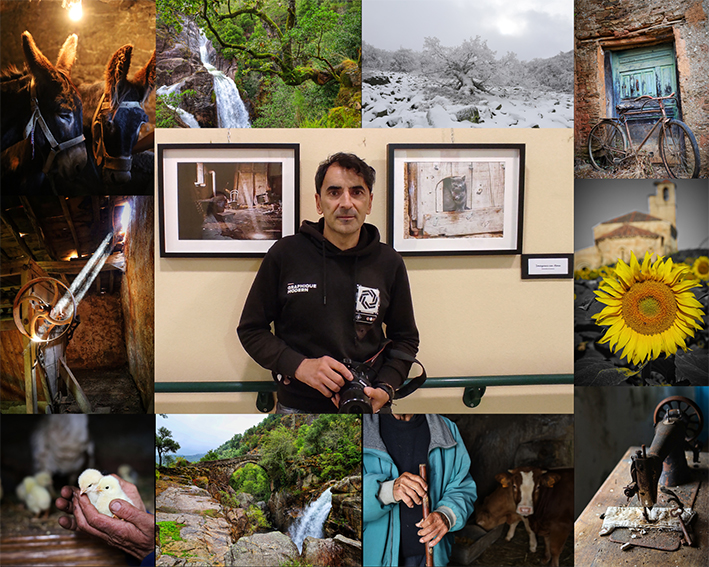 Collage con Fotografía de Alfonso Magro en el centro, rodeado de algunas de las obras de la exposición. Collage expo imágenes con alma.